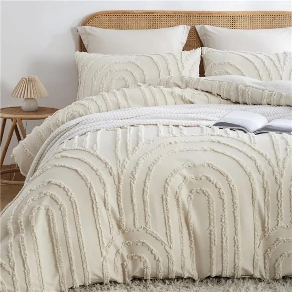 NEW Anthro Beige Boho Queen Size Rainbow Tufted Abstract Bedding Duvet Sham Set